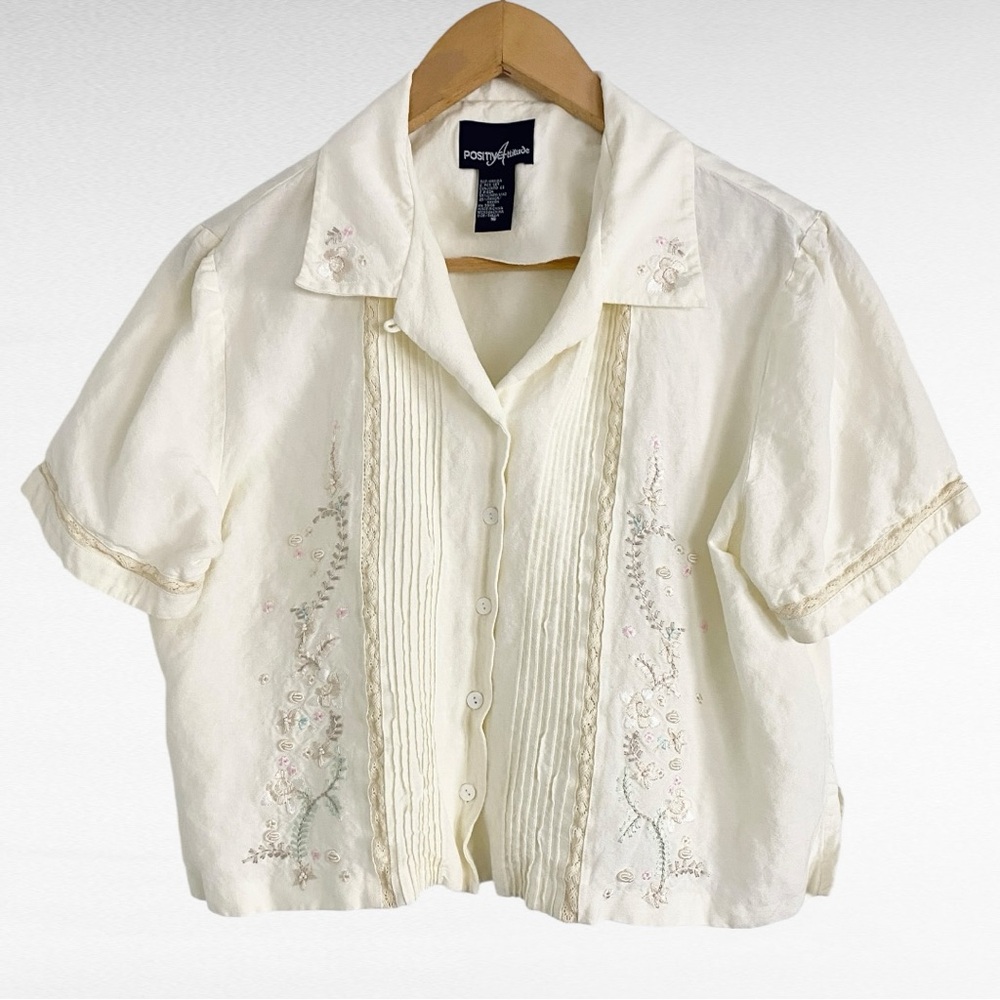 Positive Attitude | Oatmeal Embroidered Linen Blend Cropped Y2K Retro Shirt - Picture 6 of 8